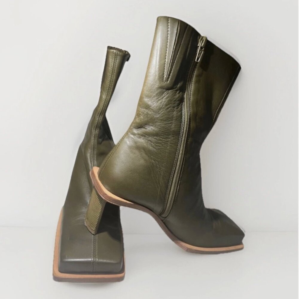 Miista Brenda Olive/Khaki Leather Square Toe Heel Boots (Women’s EU 39/US 8.5)